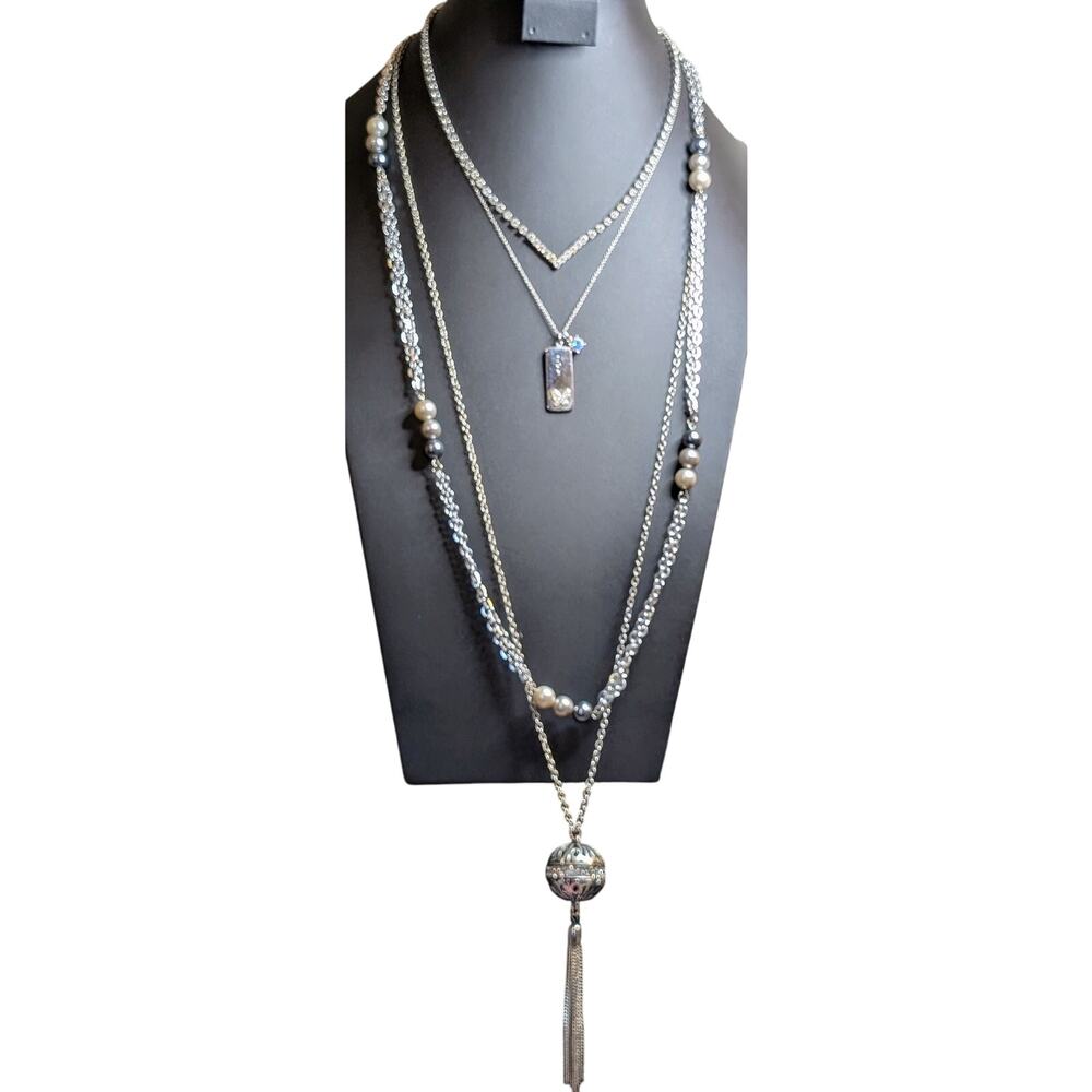 Layered Look Lot of Four Silver Tone Rhinestone Pearl Necklaces